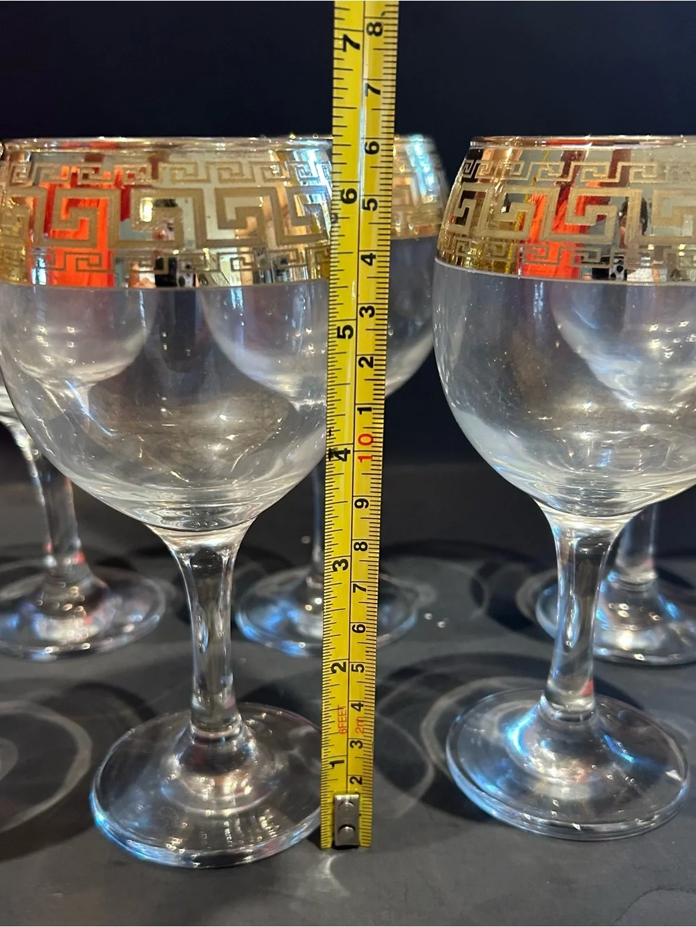 8 Vintage Gold Rimmed Greek Key Wine Goblets Glasses- Lead Free Glasses.